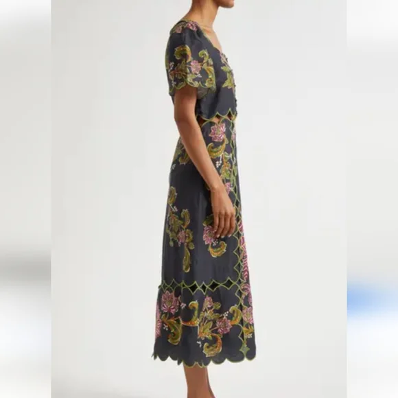 Farm Rio linen midi dress with embroidery NWT Sz XS - Picture 3 of 8